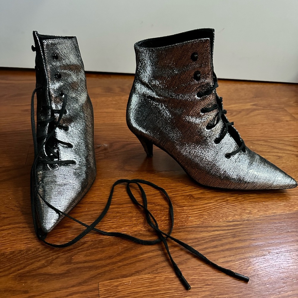 Saint Laurent silver kitten heel bootie